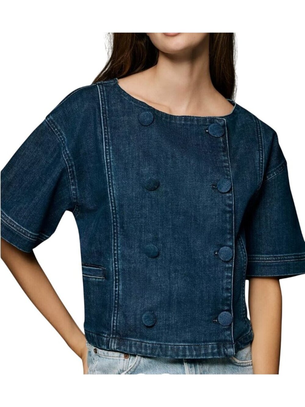 NWT Anthropologie Maeve Short-Sleeve Double-Breasted Denim Jacket S MSRP $158